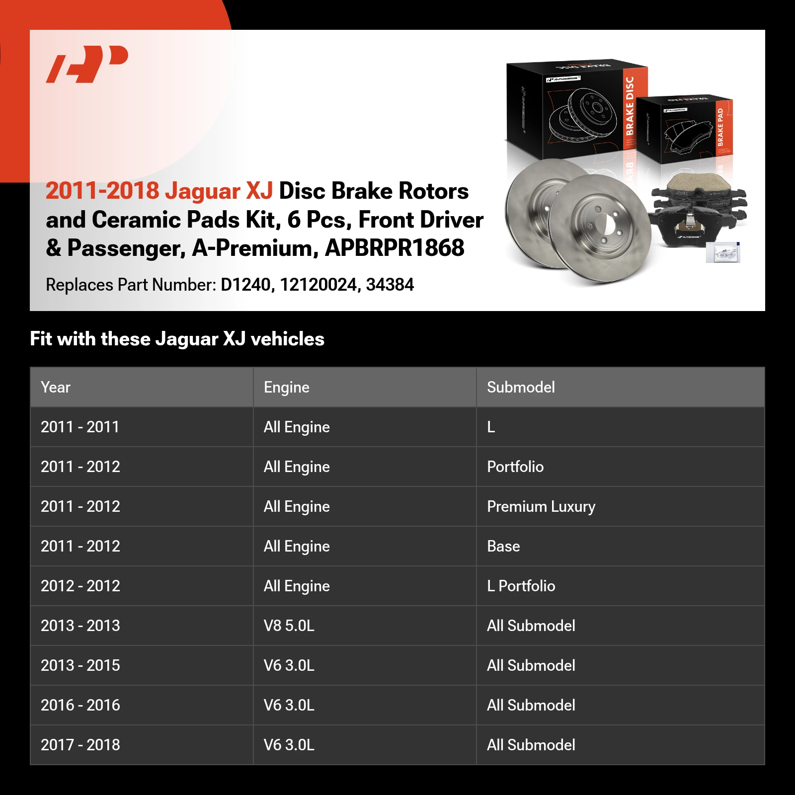2011-2018 Jaguar XJ Disc Brake Rotors and Ceramic Pads Kit, 6 Pcs, Front Driver & Passenger, A-Premium, APBRPR1868