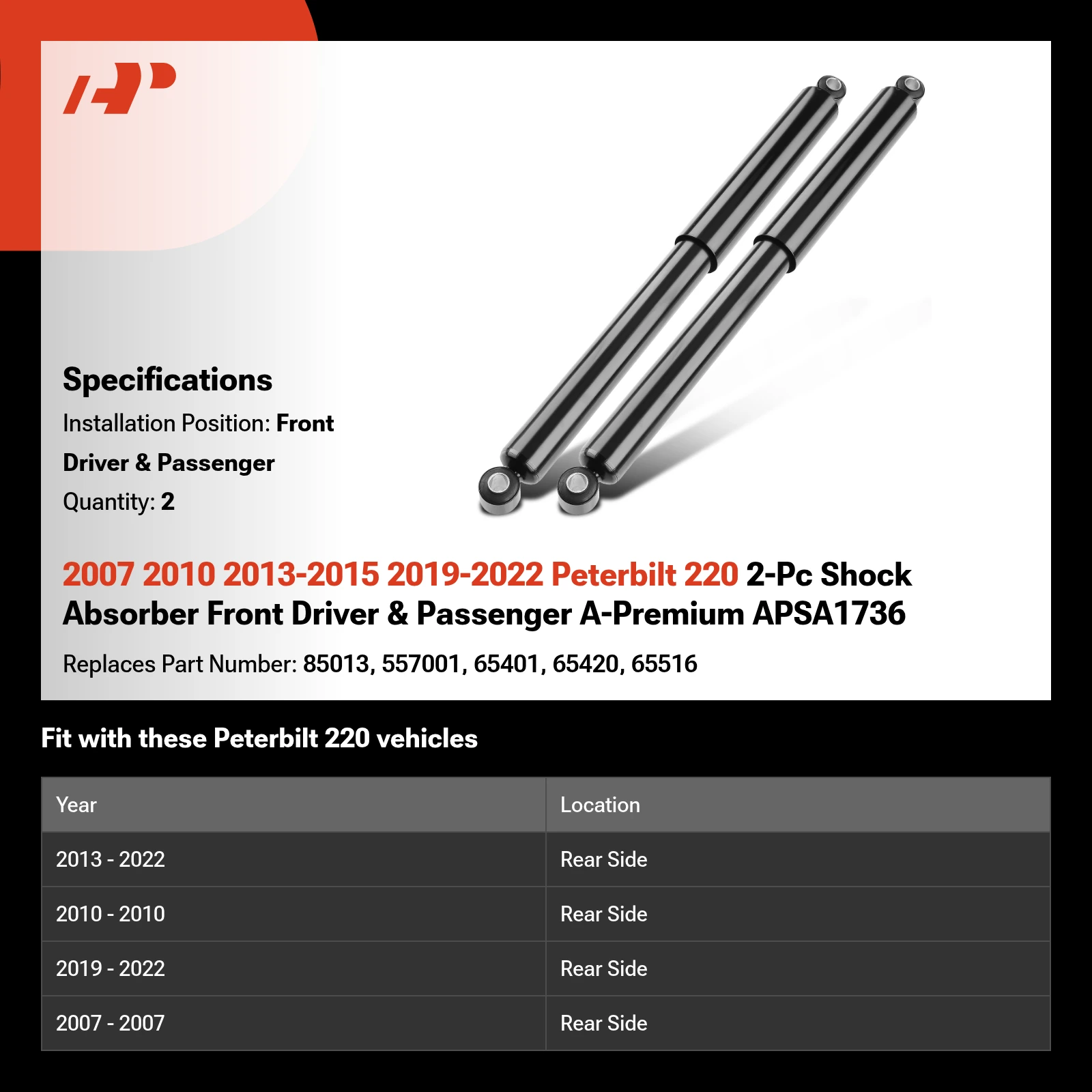 2007 2010 2013-2015 2019-2022 Peterbilt 220 2-Pc Shock Absorber Front Driver & Passenger A-Premium APSA1736