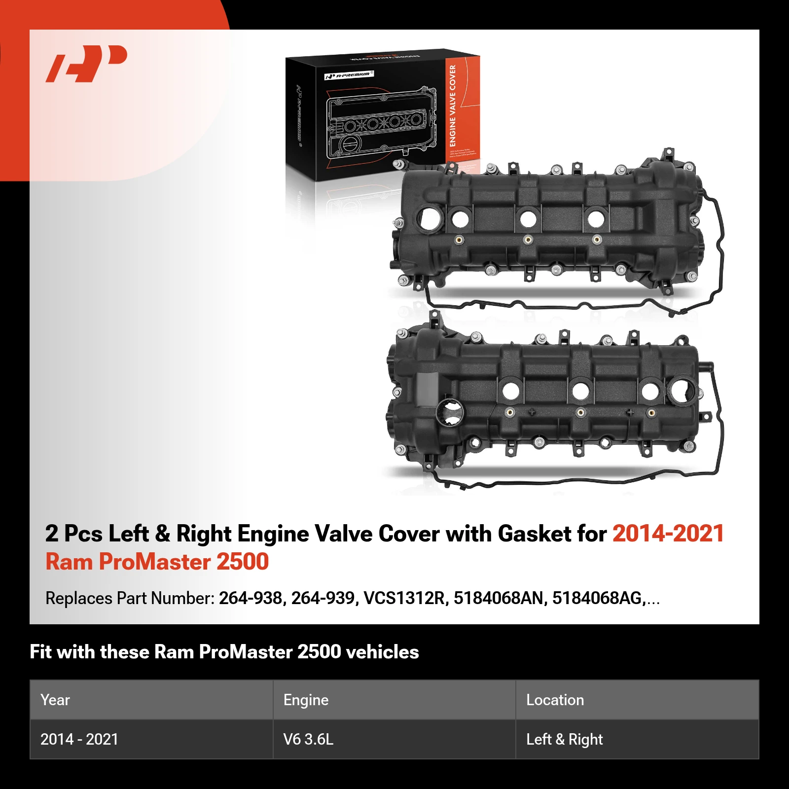 2 Pcs Left & Right Engine Valve Cover with Gasket for 2014-2021 Ram ProMaster 2500