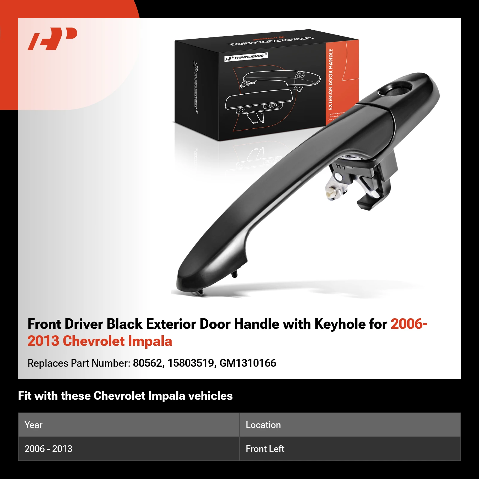 Front Driver Black Exterior Door Handle with Keyhole for 2006-2013 Chevrolet Impala