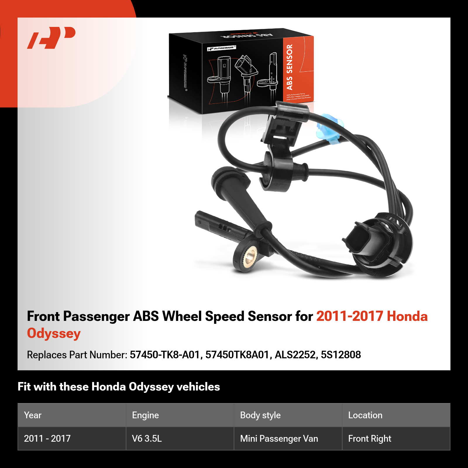 Front Passenger ABS Wheel Speed Sensor for 2011-2017 Honda Odyssey