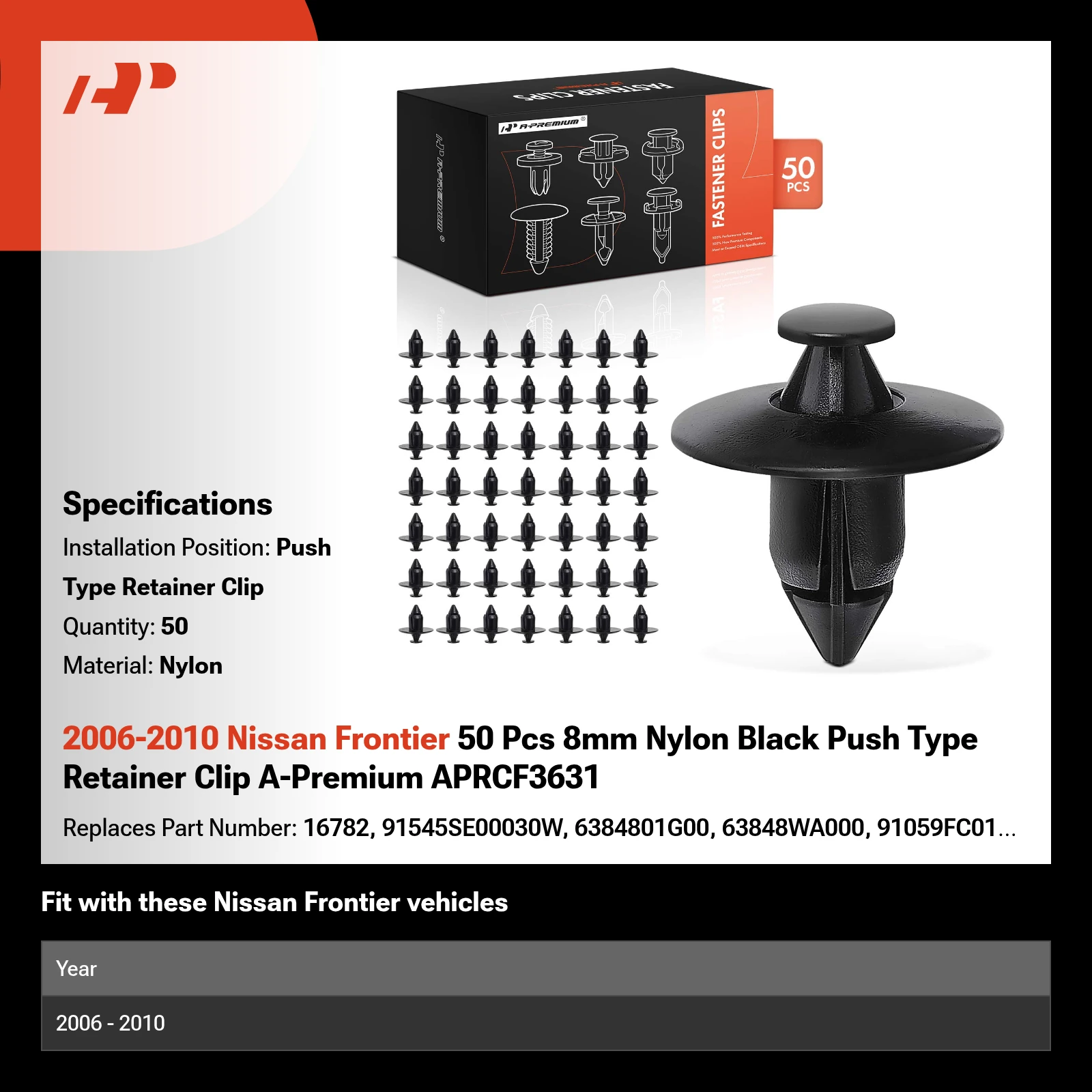 2006-2010 Nissan Frontier 50 Pcs 8mm Nylon Black Push Type Retainer Clip A-Premium APRCF3631