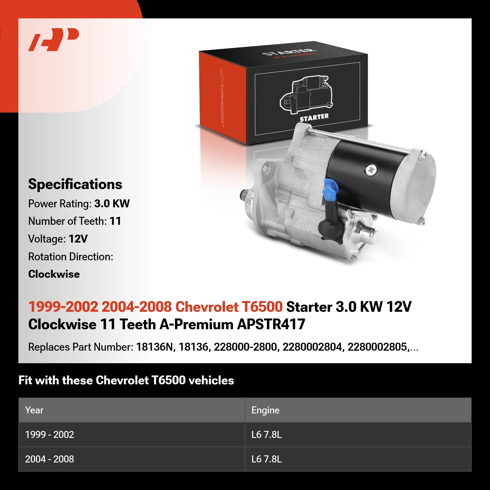 1999-2002 2004-2008 Chevrolet T6500 Starter 3.0 KW 12V Clockwise 11 Teeth A-Premium APSTR417