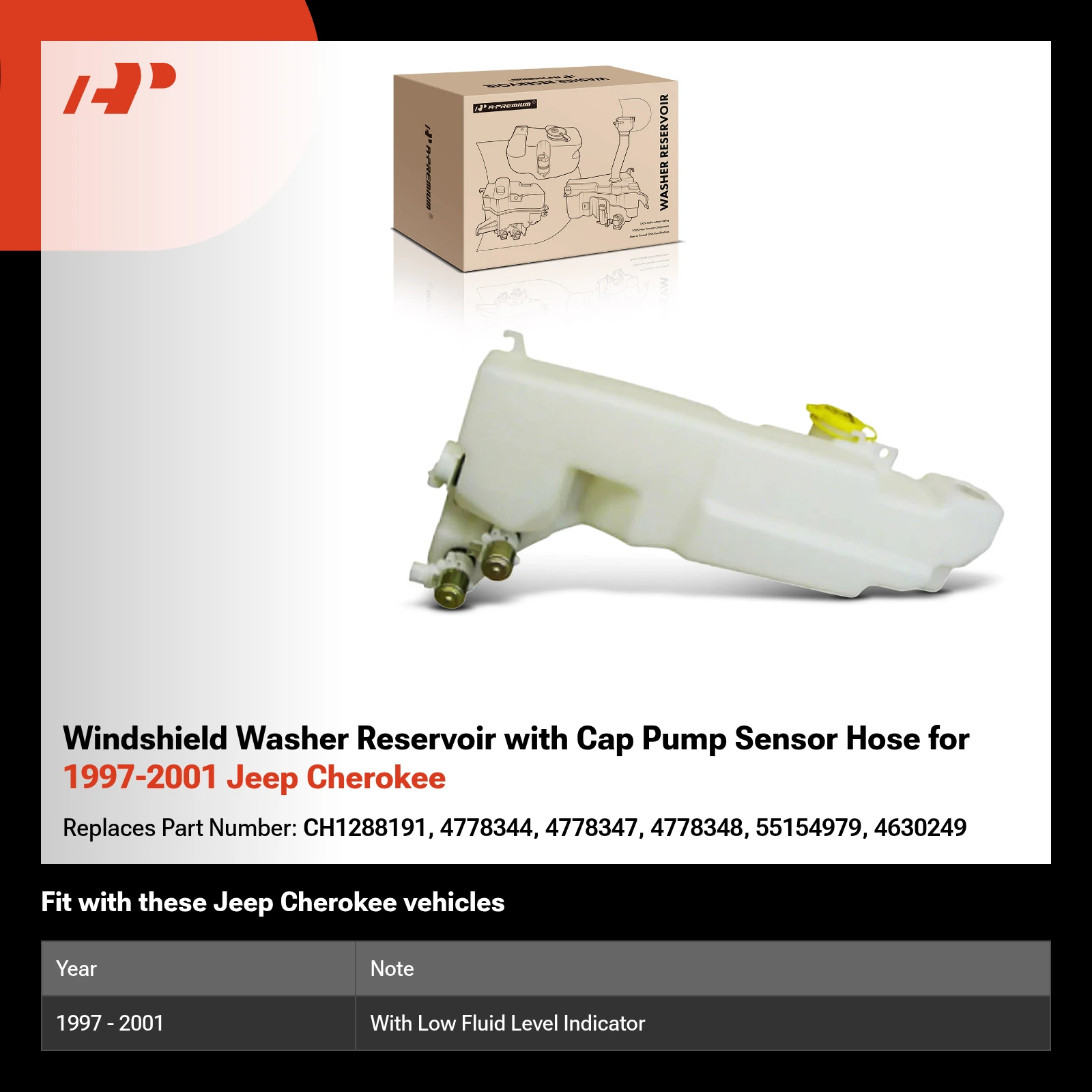 Windshield Washer Reservoir with Cap Pump Sensor Hose for 1997-2001 Jeep Cherokee