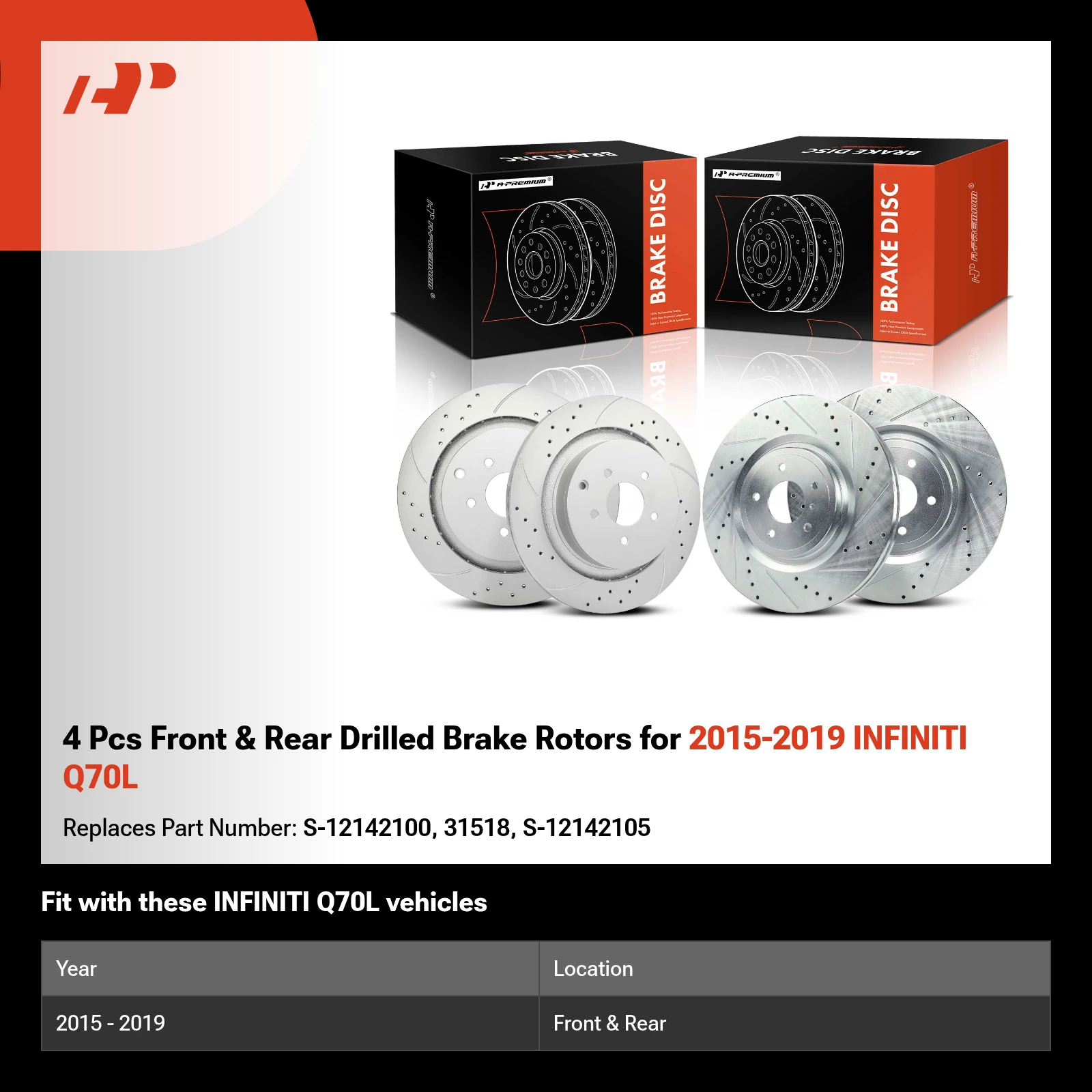 4 Pcs Front & Rear Drilled Brake Rotors for 2015-2019 INFINITI Q70L