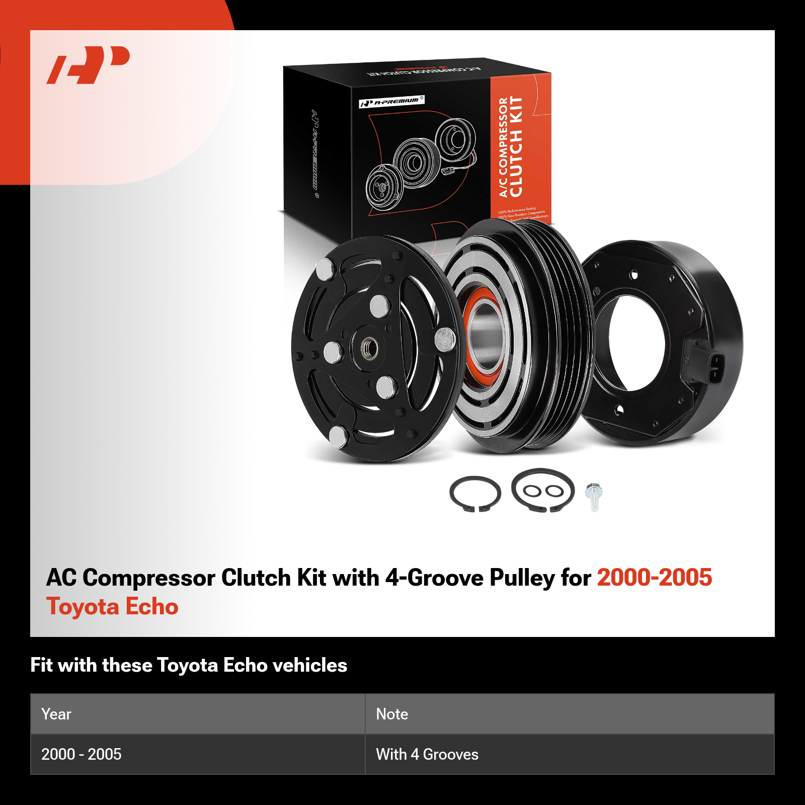 AC Compressor Clutch Kit with 4-Groove Pulley for 2000-2005 Toyota Echo