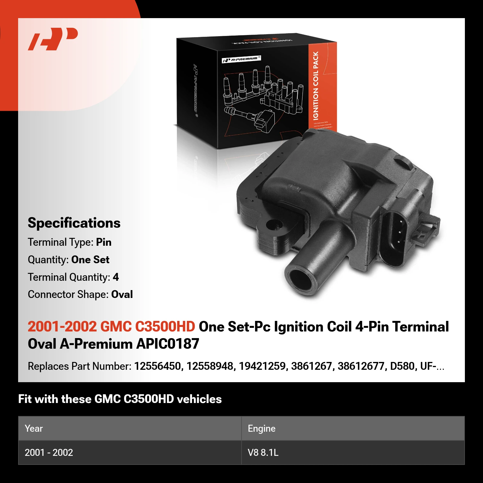 2001-2002 GMC C3500HD One Set-Pc Ignition Coil 4-Pin Terminal Oval A-Premium APIC0187