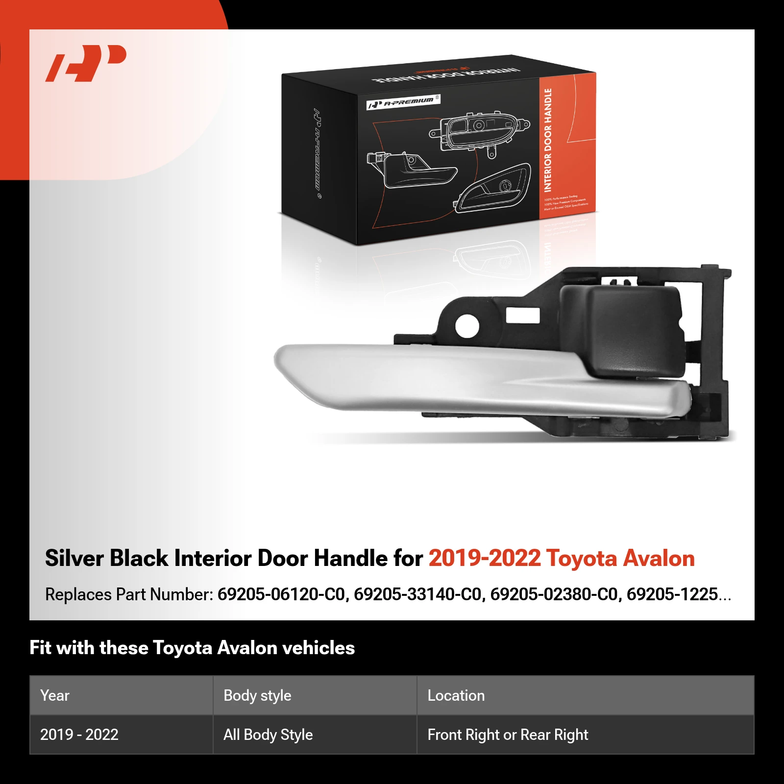 Silver Black Interior Door Handle for 2019-2022 Toyota Avalon