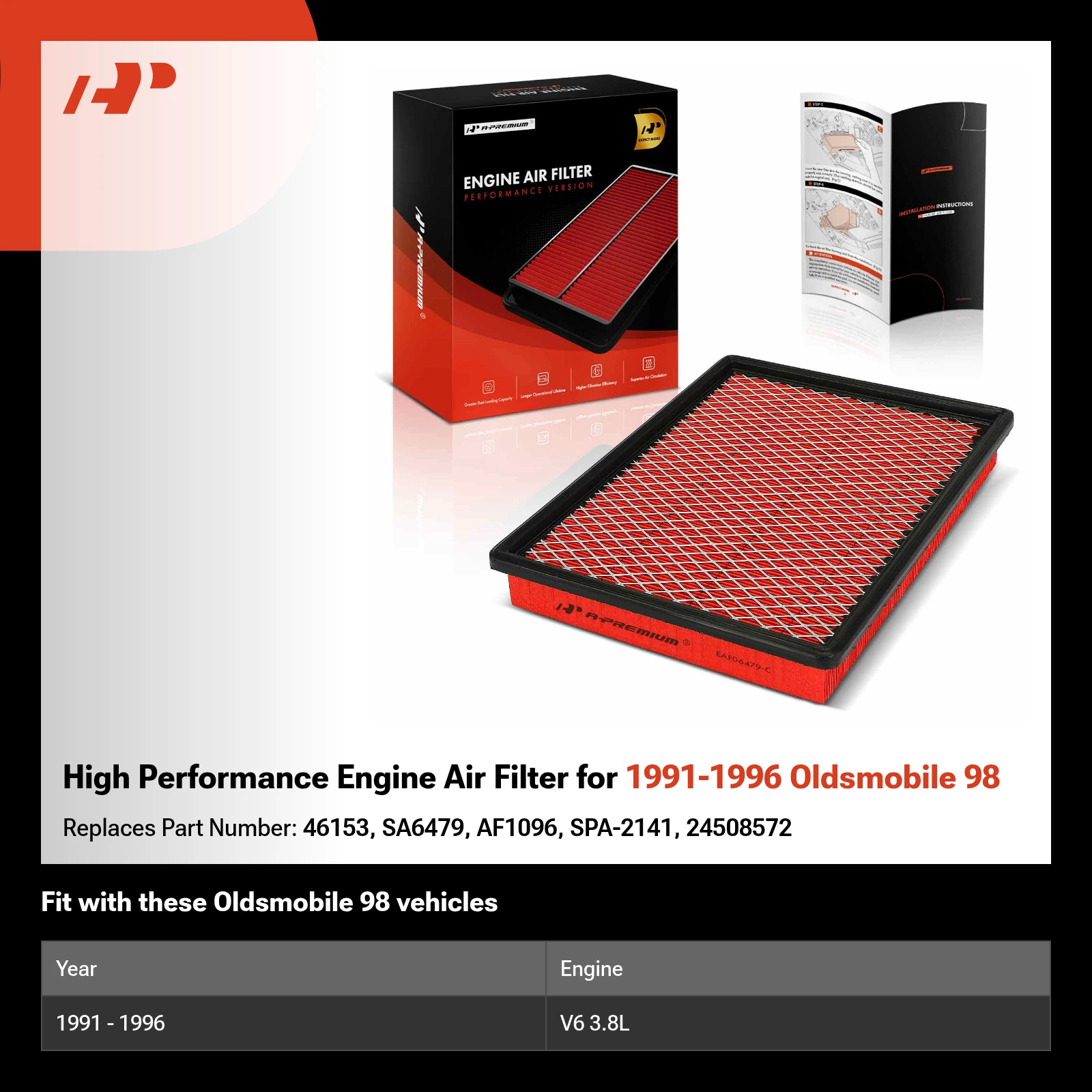 High Performance Engine Air Filter for 1991-1996 Oldsmobile 98