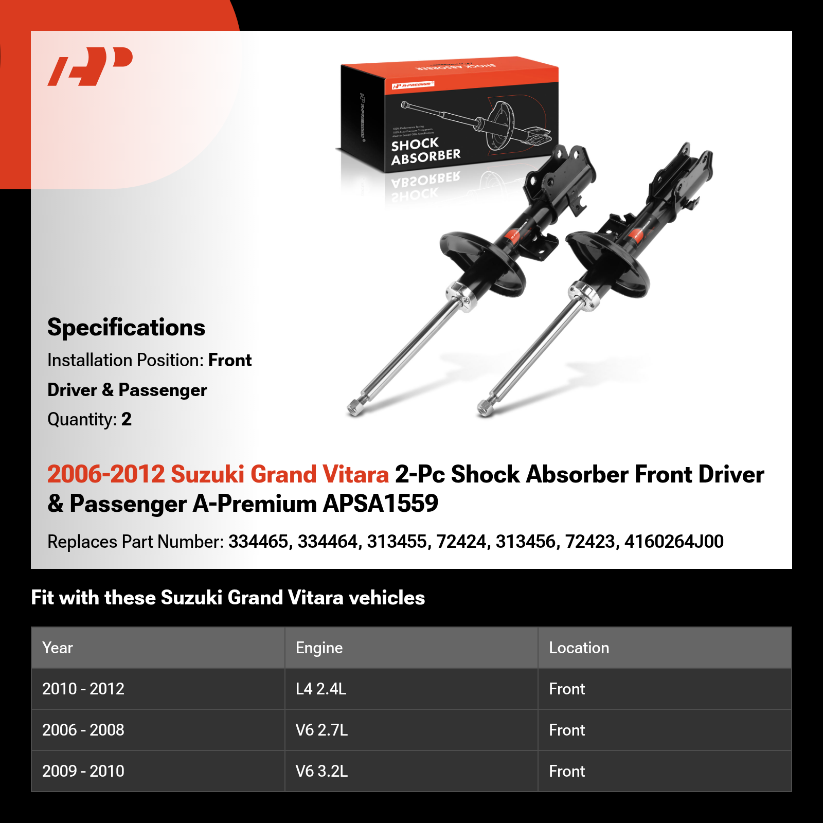 2006-2012 Suzuki Grand Vitara 2-Pc Shock Absorber Front Driver & Passenger A-Premium APSA1559