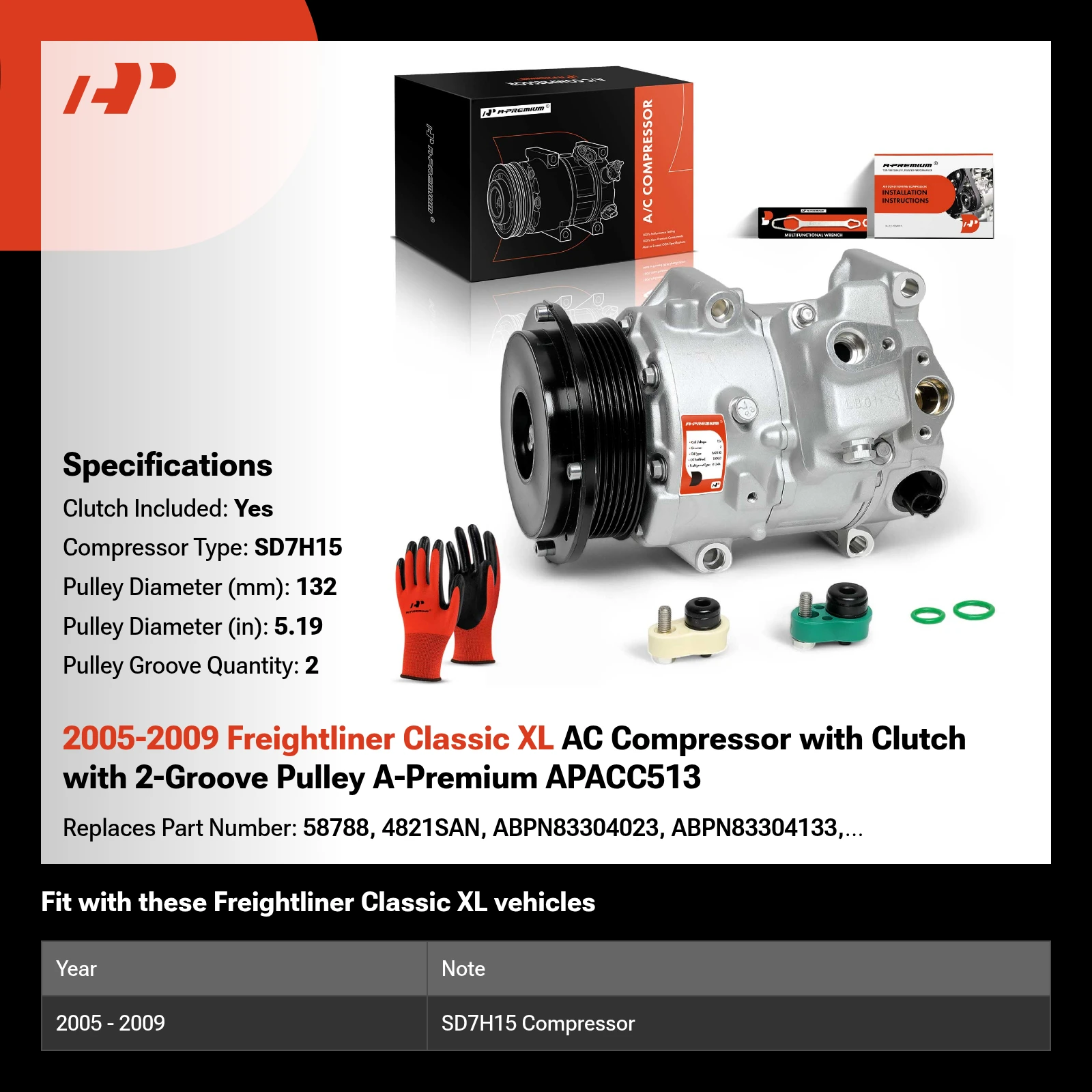 2005-2009 Freightliner Classic XL AC Compressor with Clutch with 2-Groove Pulley A-Premium APACC513