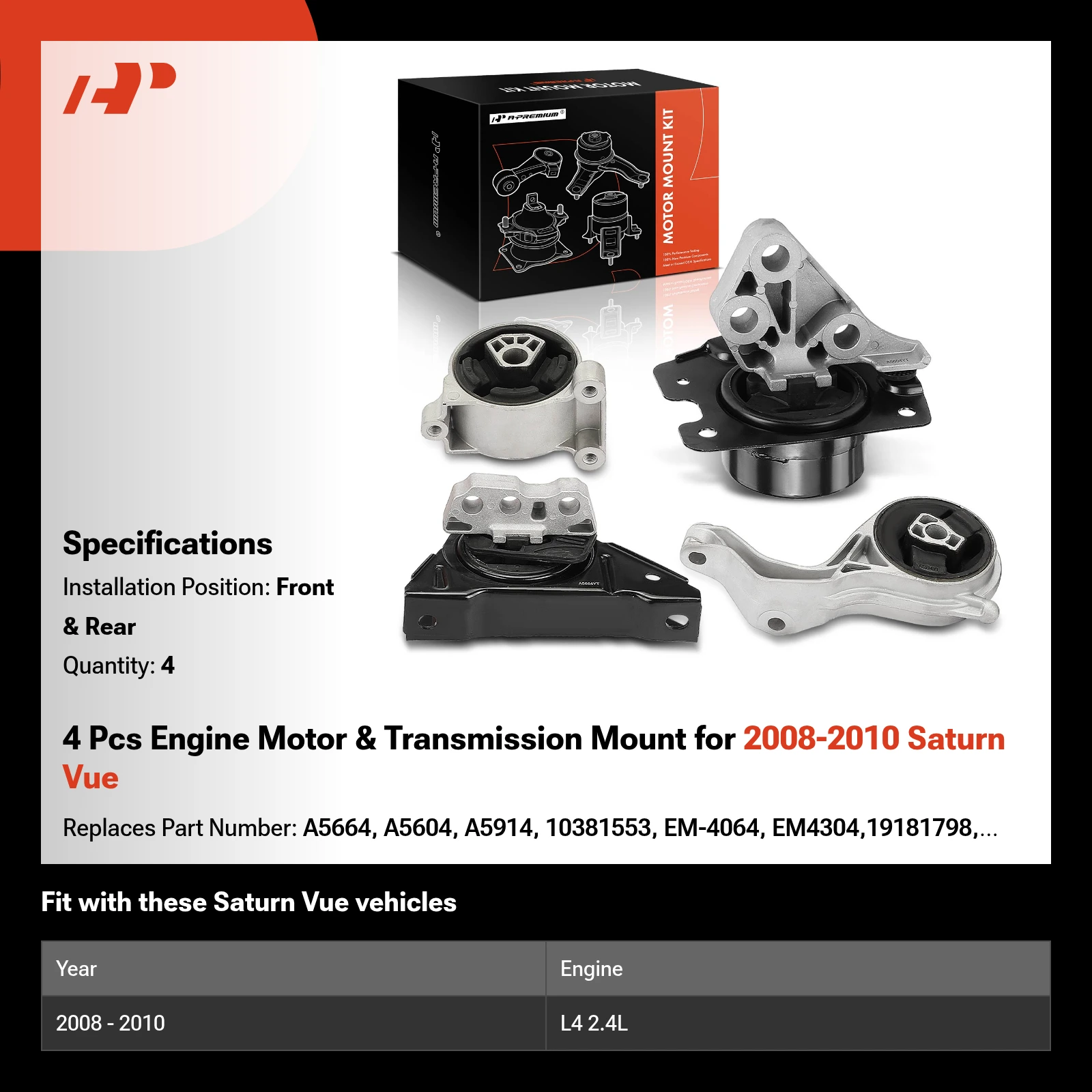 4 Pcs Engine Motor & Transmission Mount for 2008-2010 Saturn Vue