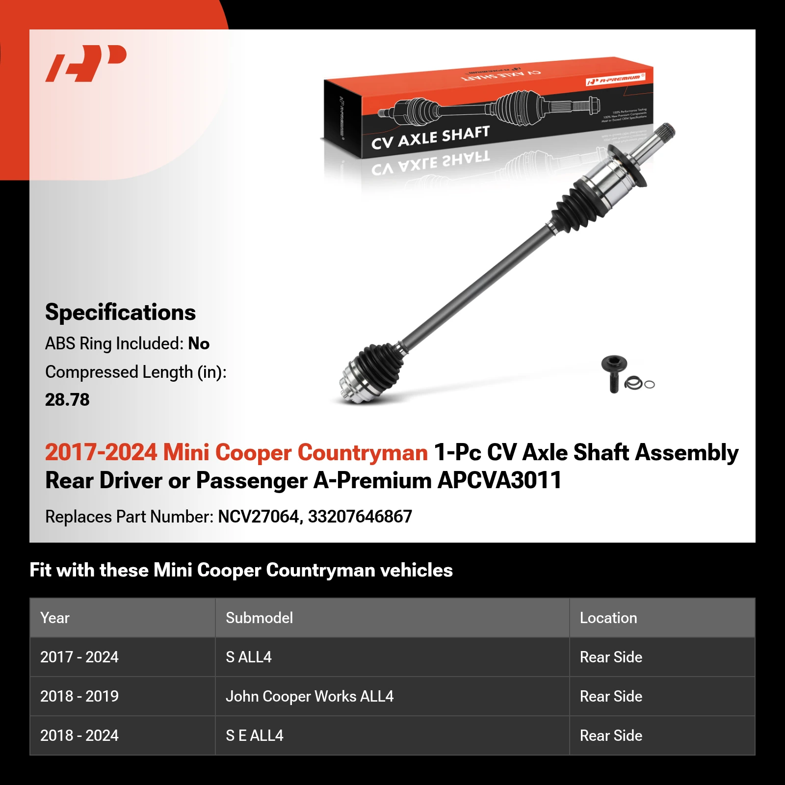 2017-2024 Mini Cooper Countryman 1-Pc CV Axle Shaft Assembly Rear Driver or Passenger A-Premium APCVA3011