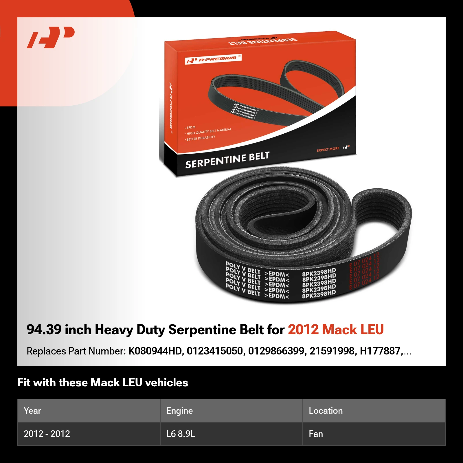 94.39 inch Heavy Duty Serpentine Belt for 2012 Mack LEU