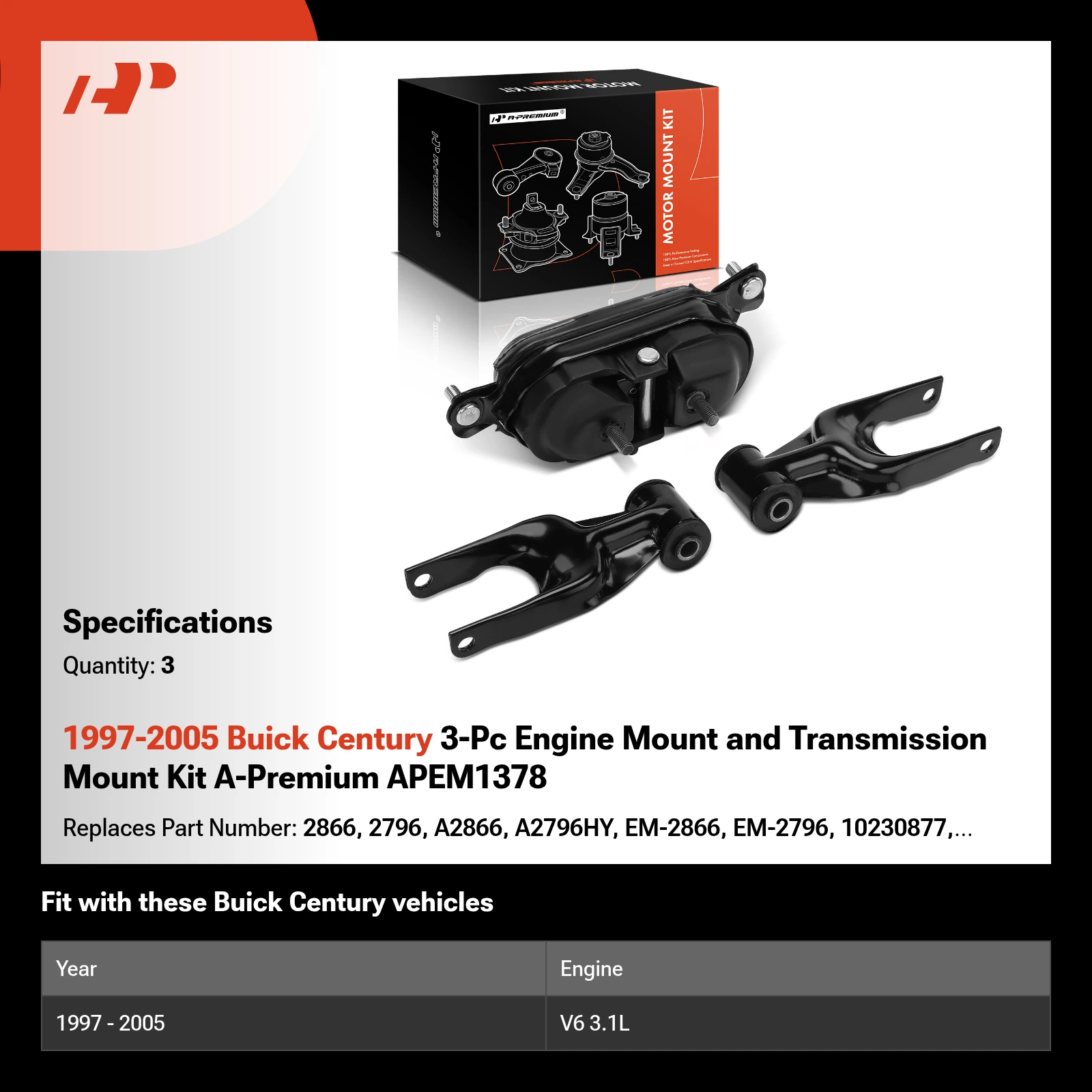 1997-2005 Buick Century 3-Pc Engine Mount and Transmission Mount Kit A-Premium APEM1378