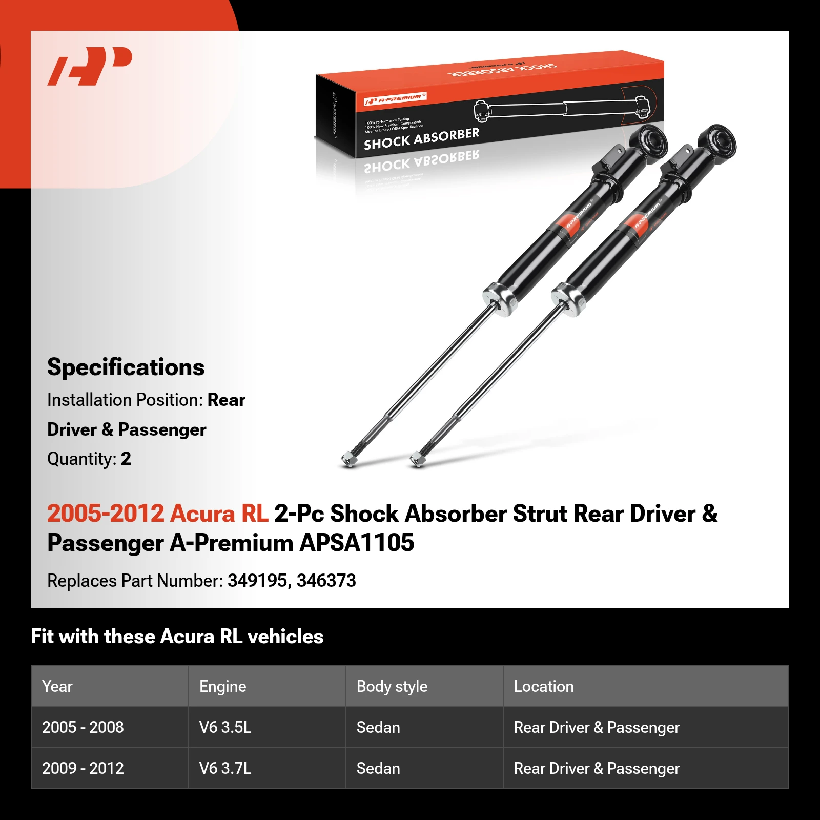 2005-2012 Acura RL 2-Pc Shock Absorber Strut Rear Driver & Passenger A-Premium APSA1105