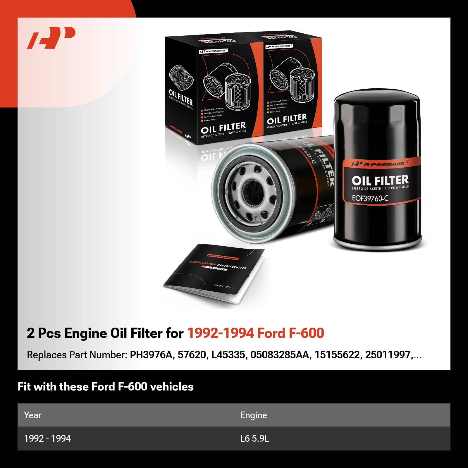 2 Pcs Engine Oil Filter for 1992-1994 Ford F-600