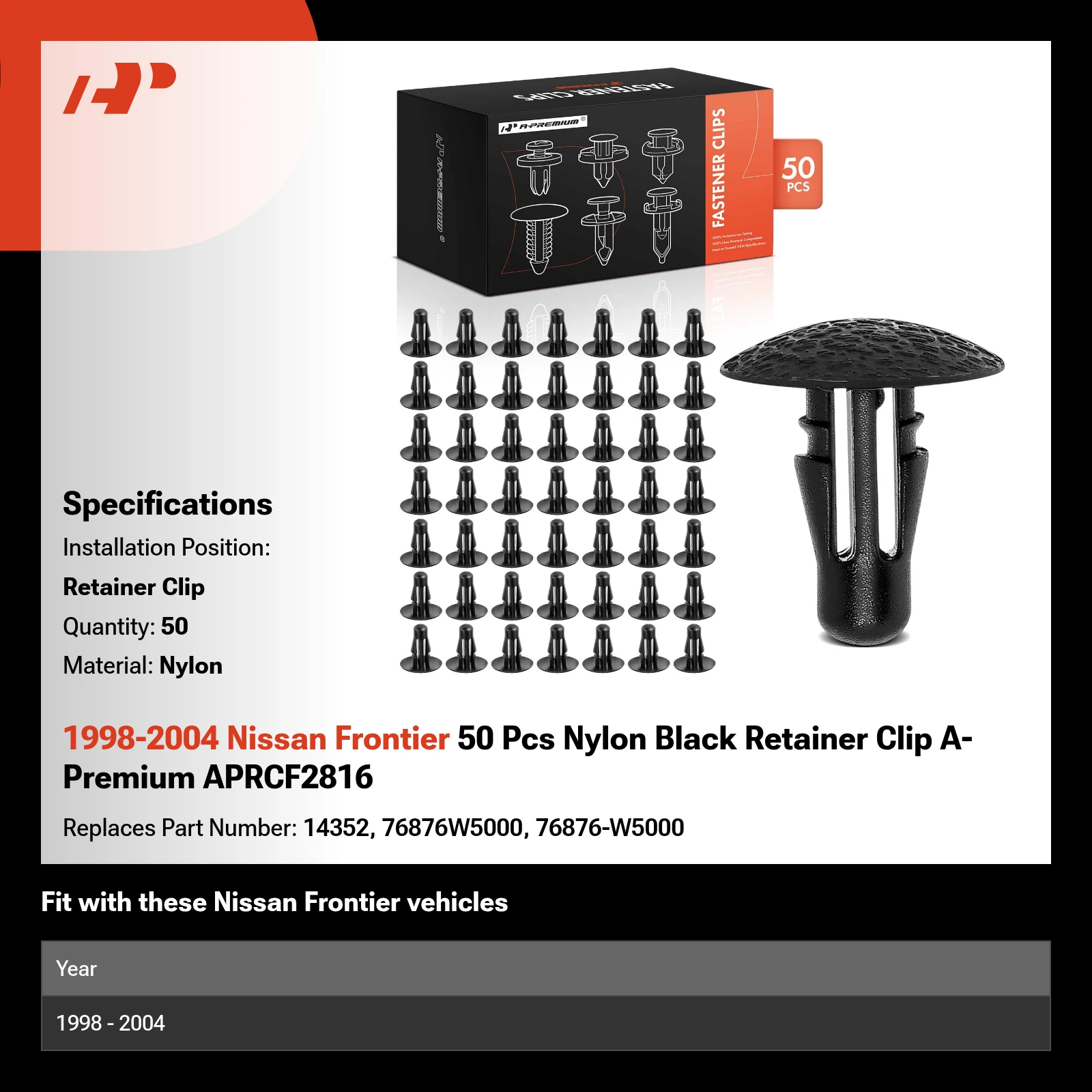 1998-2004 Nissan Frontier 50 Pcs Nylon Black Retainer Clip A-Premium APRCF2816