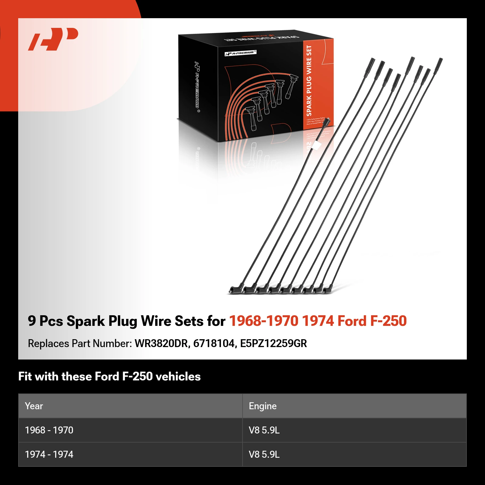 9 Pcs Spark Plug Wire Sets for 1968-1970 1974 Ford F-250