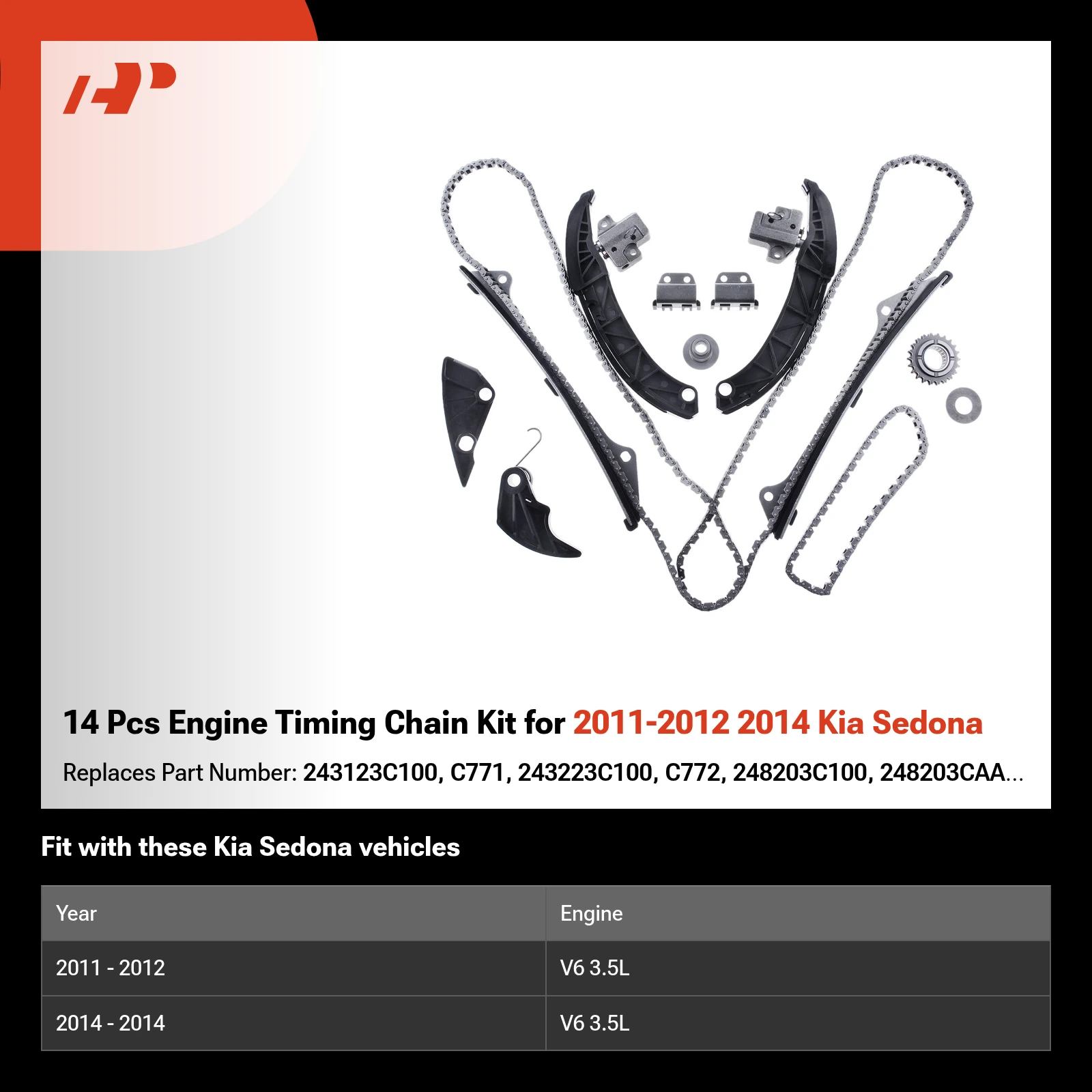 14 Pcs Engine Timing Chain Kit for 2011-2012 2014 Kia Sedona