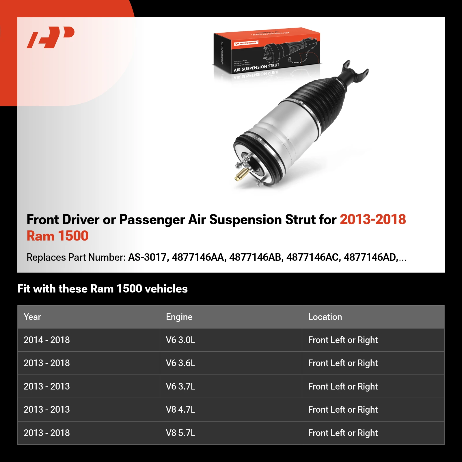 Front Driver or Passenger Air Suspension Strut for 2013-2018 Ram 1500