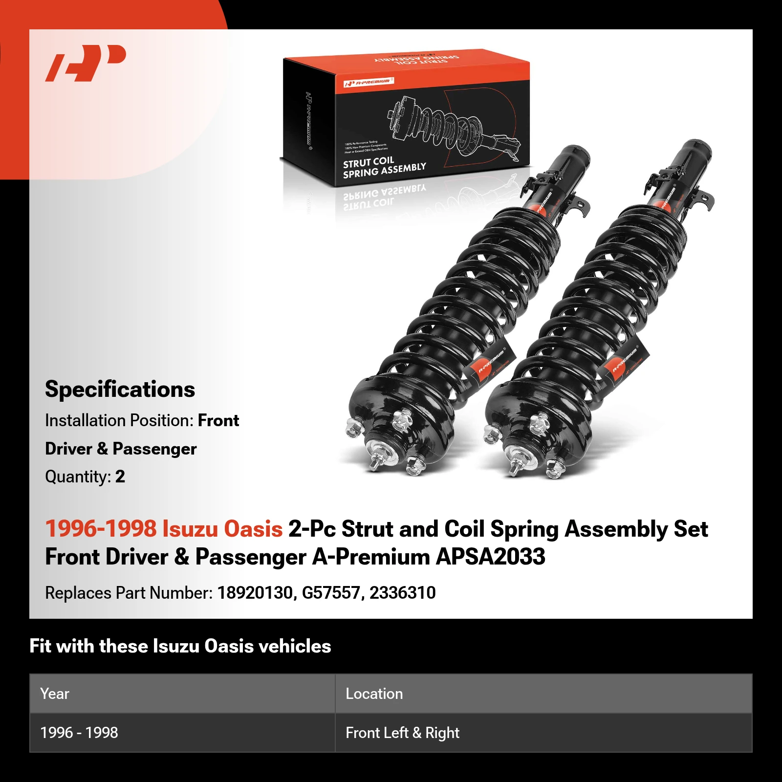 1996-1998 Isuzu Oasis 2-Pc Strut and Coil Spring Assembly Set Front Driver & Passenger A-Premium APSA2033
