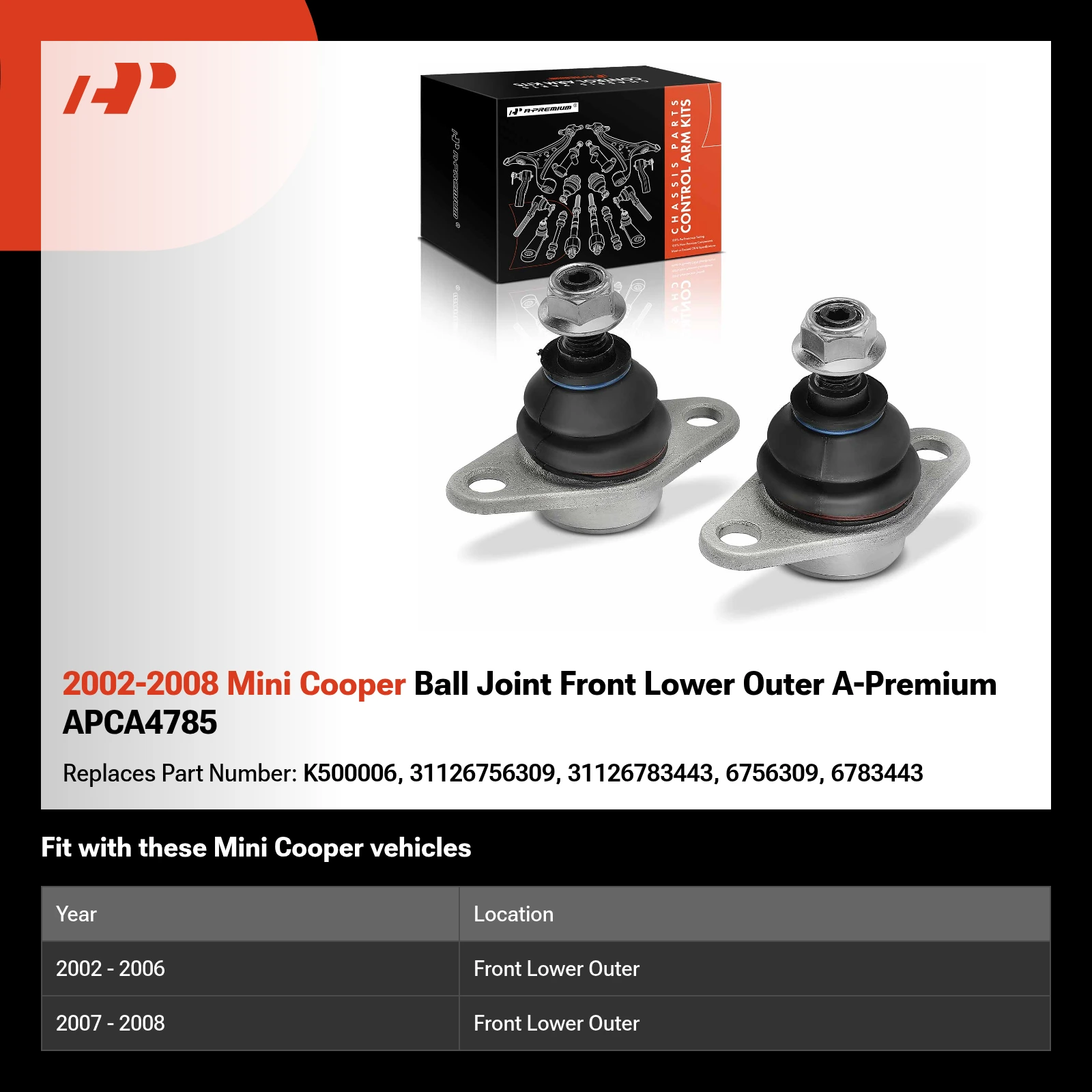 2002-2008 Mini Cooper Ball Joint Front Lower Outer A-Premium APCA4785