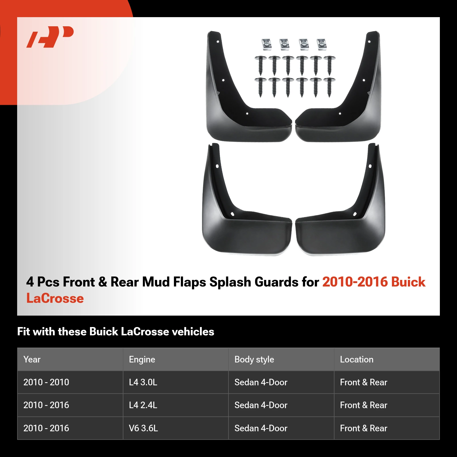 4 Pcs Front & Rear Mud Flaps Splash Guards for 2010-2016 Buick LaCrosse