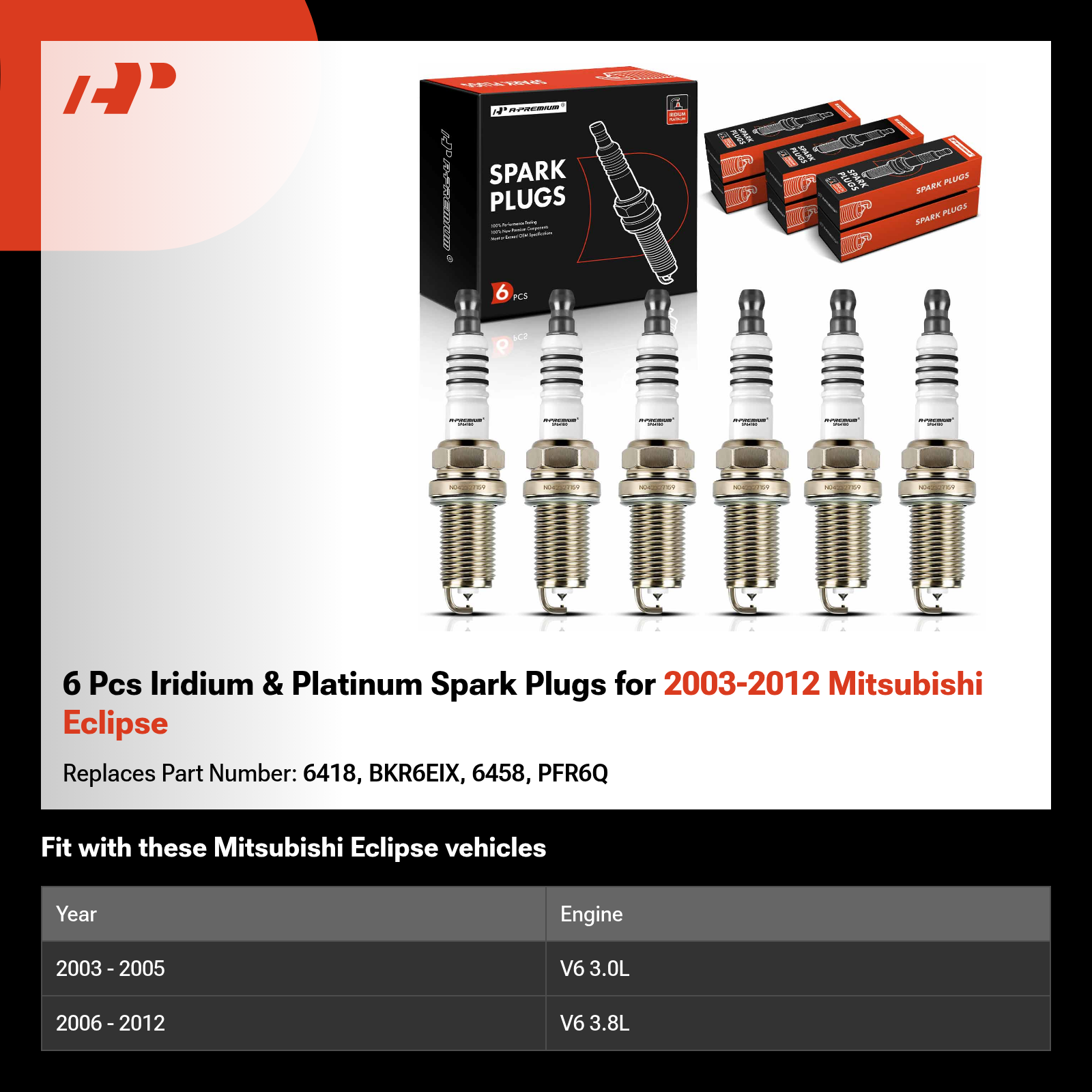 6 Pcs Iridium & Platinum Spark Plugs for 2003-2012 Mitsubishi Eclipse