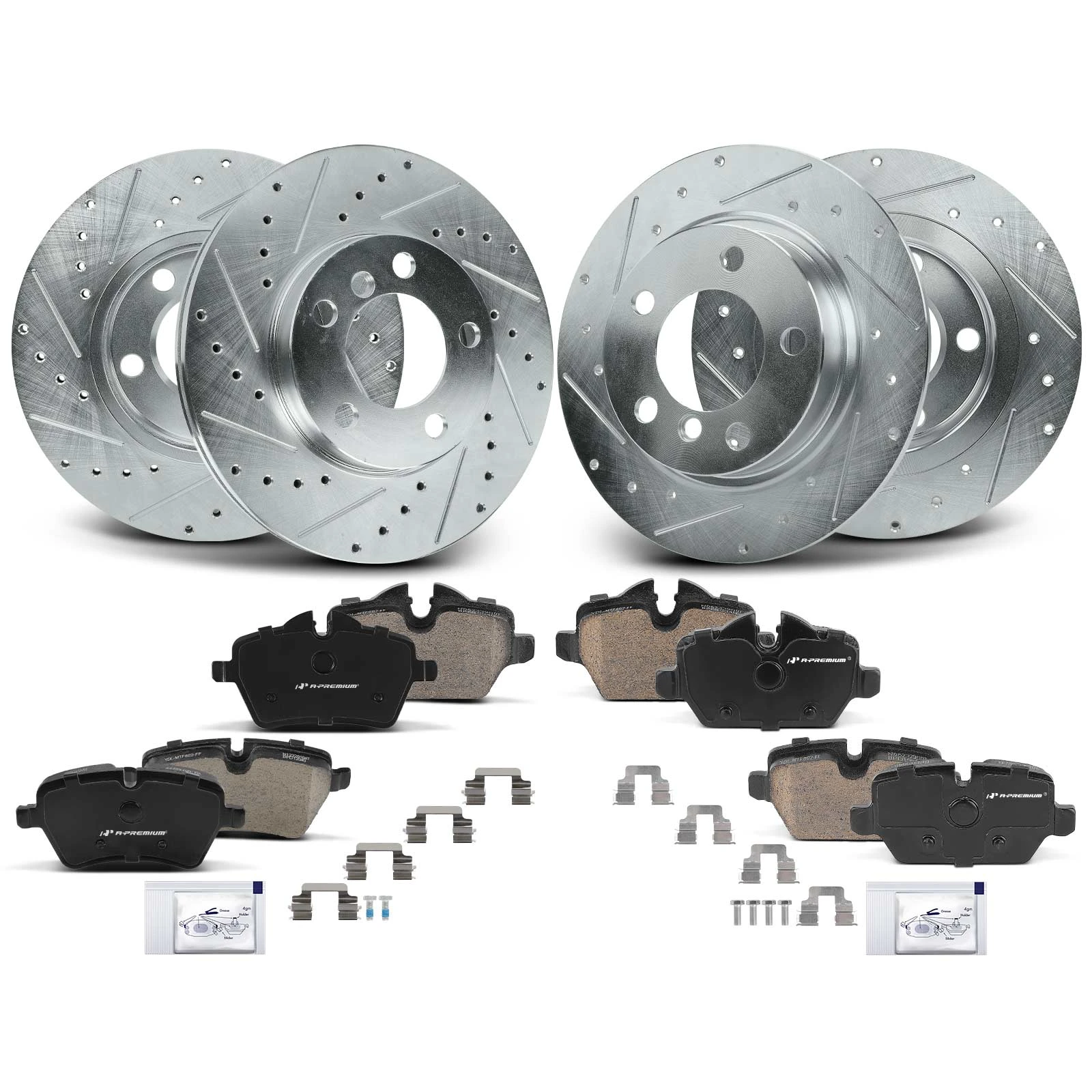 2011-2016 Mini Cooper Countryman Drilled & Slotted Disc Brake Rotors and Ceramic Pads Kit, 12 Pcs, Front & Rear, A-Premium, APBRPS1352